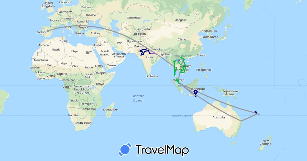 TravelMap itinerary: driving, bus, plane, train, boat in Australia, Spain, France, Indonesia, India, Cambodia, Laos, Malaysia, Singapore, Thailand, Vietnam (Asia, Europe, Oceania)